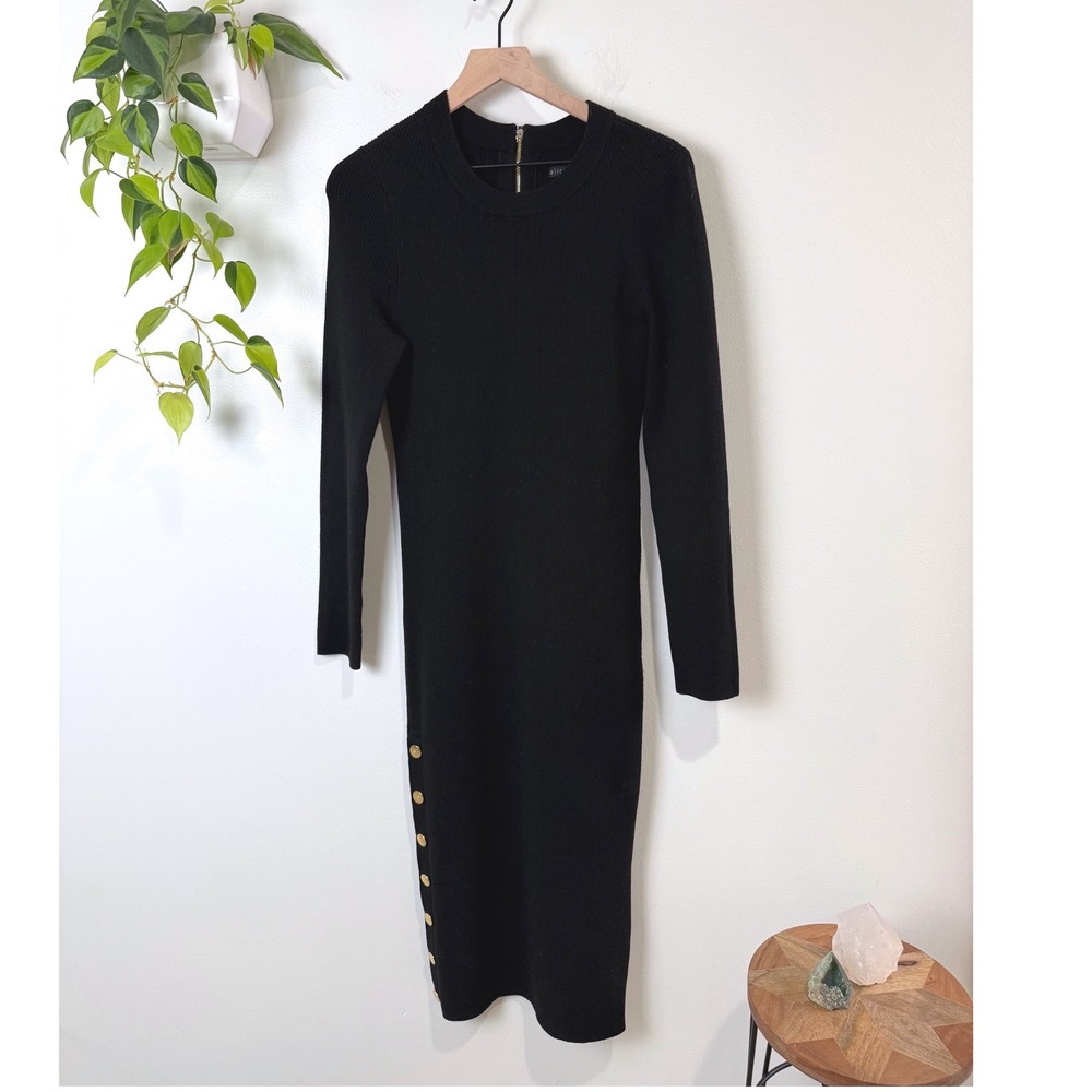 Alice + Olivia Jenner Ribbed Wool Blend Midi Sweater Dress Black Gold L Bodycon